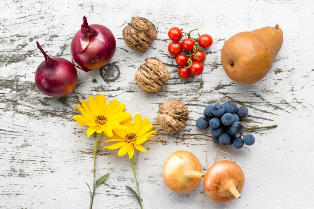 Ilustrasi piring makan yang berisi berbagai variasi buah dan sayur segar kaya vitamin