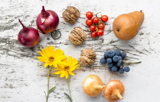 Ilustrasi piring makan yang berisi berbagai variasi buah dan sayur segar kaya vitamin