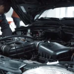 Teknisi sedang mempraktikkan cara memperbaiki suara mesin mobil yang kasar di bengkel